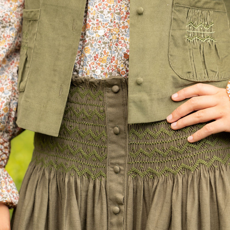 Mary Seacole Women's Skirt Oak Leaf Linen with Moss Hand Smocking
