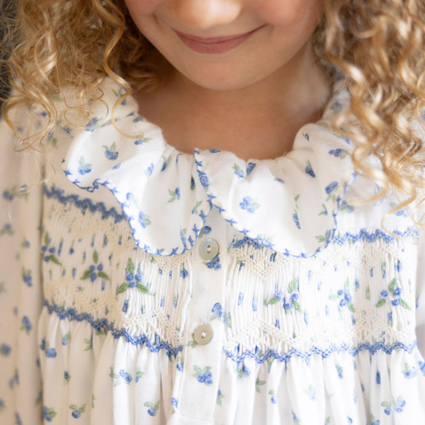Nightingale Girl's Dress Blueberry Brushed Cotton with Blueberry Hand Smocking