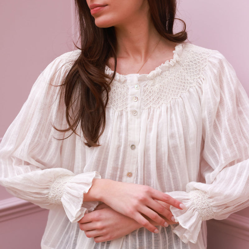 Cleopatra Blouse White Stripe Cotton Muslin with milk Hand Smocking Edition 37