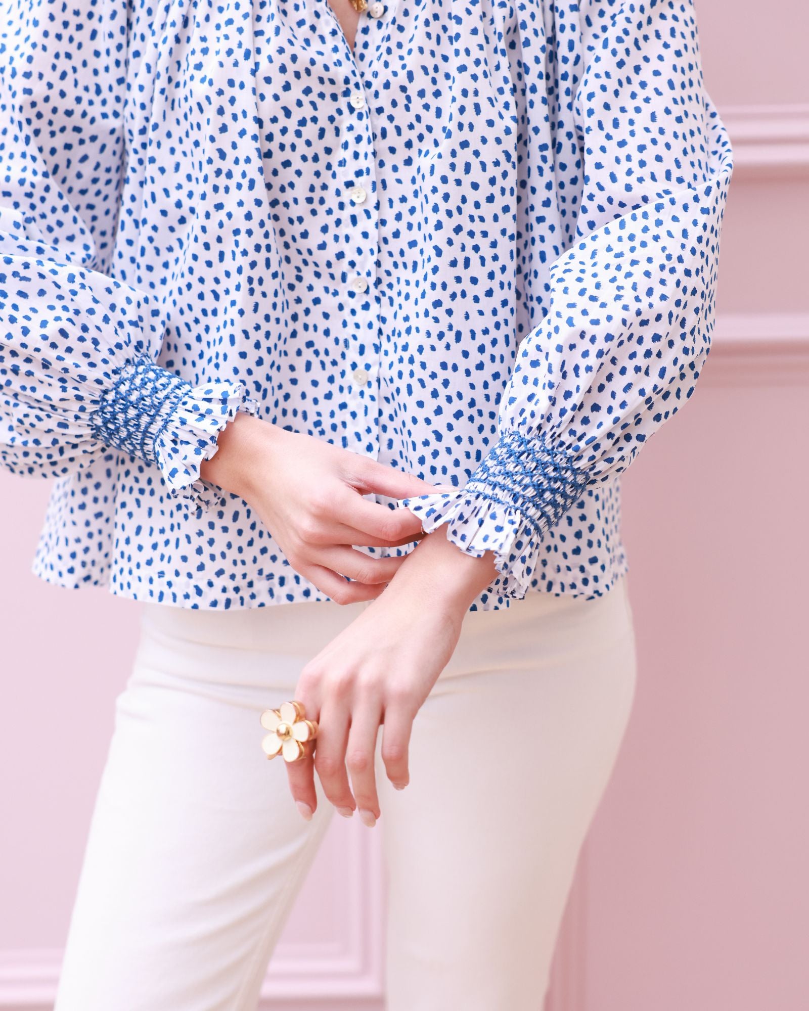 Scholl Blouse Blue Leopard with Sapphire Hand Smocking Edition 64
