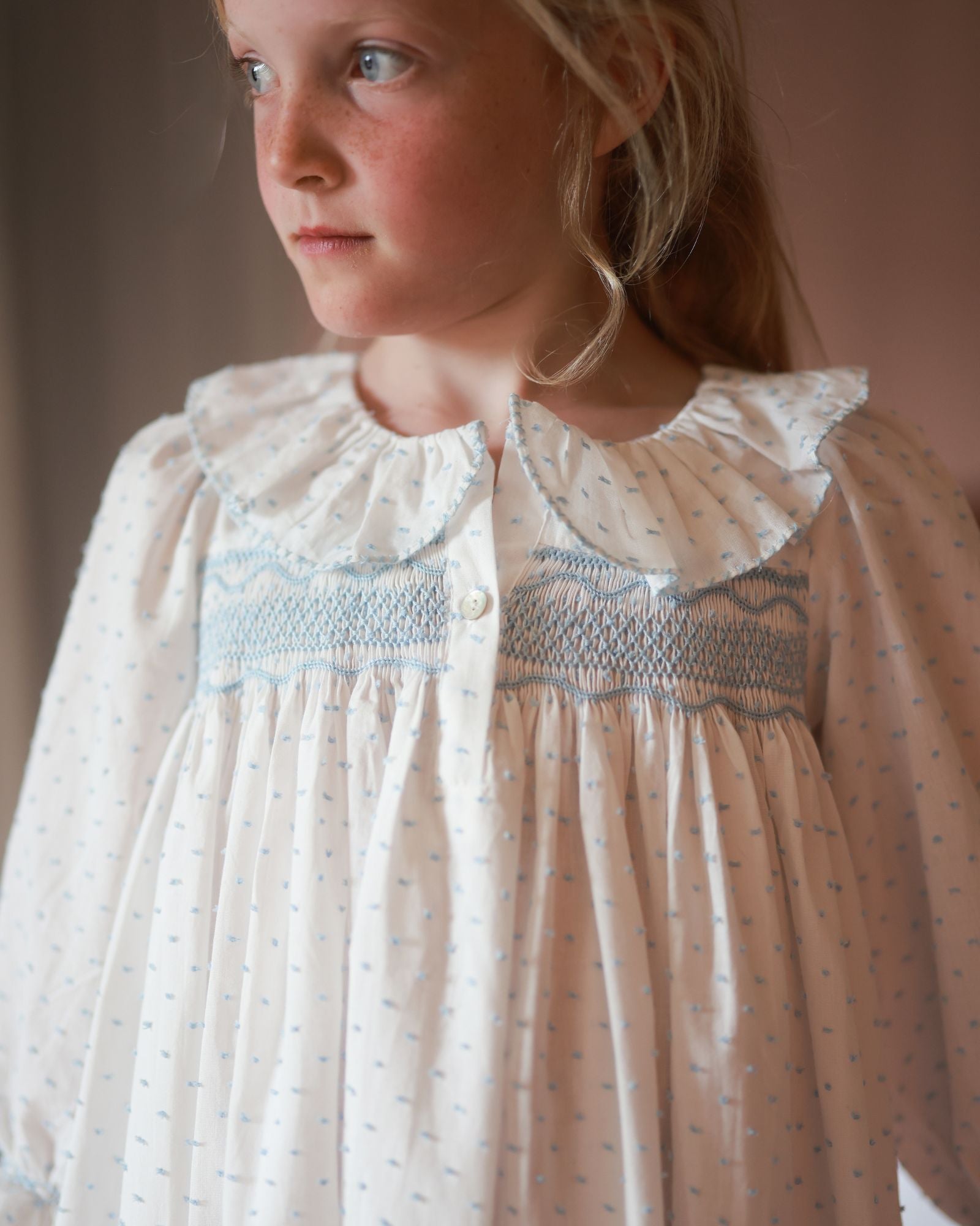 Nightingale Girl's Dress Forget Me Not Plumetti with Delphinium Hand Smocking