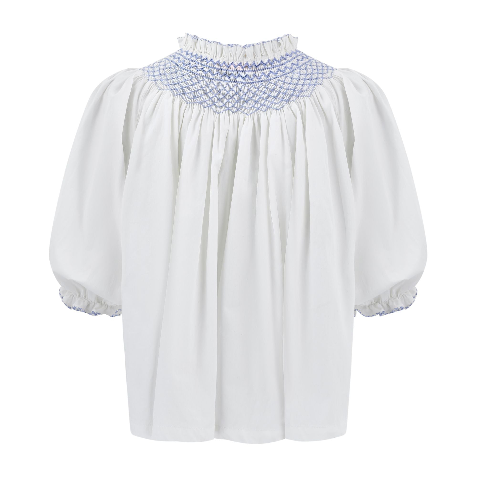 Cleopatra Blouse White with Cornflower Hand Smocking