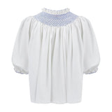 Large Cleopatra Blouse White with Cornflower Hand Smocking