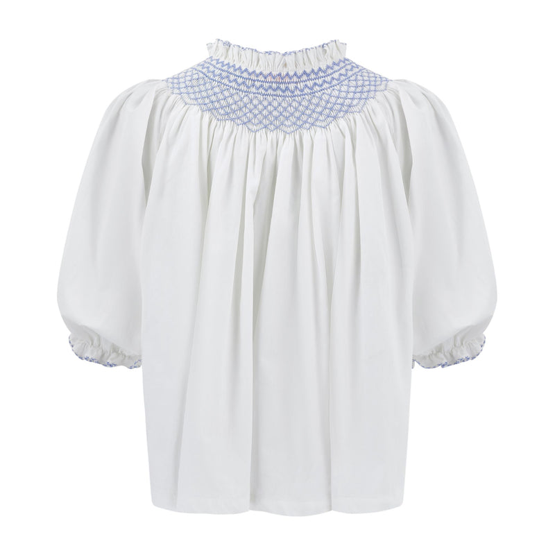 Large Cleopatra Blouse White with Cornflower Hand Smocking