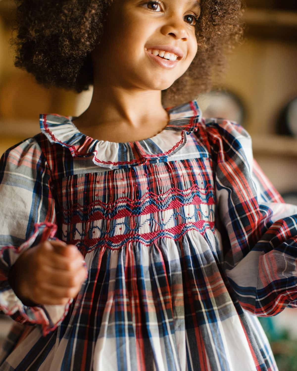Katherine Johnson Dress Britannia Tartan with Winter Berry Hand Smocking