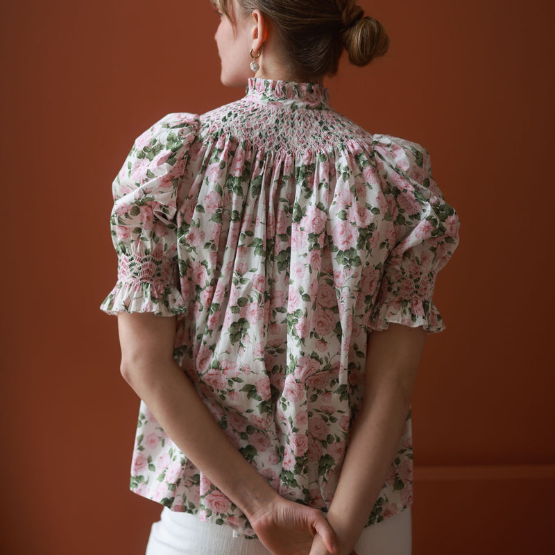 Scholl Short Sleeve Blouse with Generous Gardener Hand Smocking Made with Liberty Carmine Rose Pink Edition 41