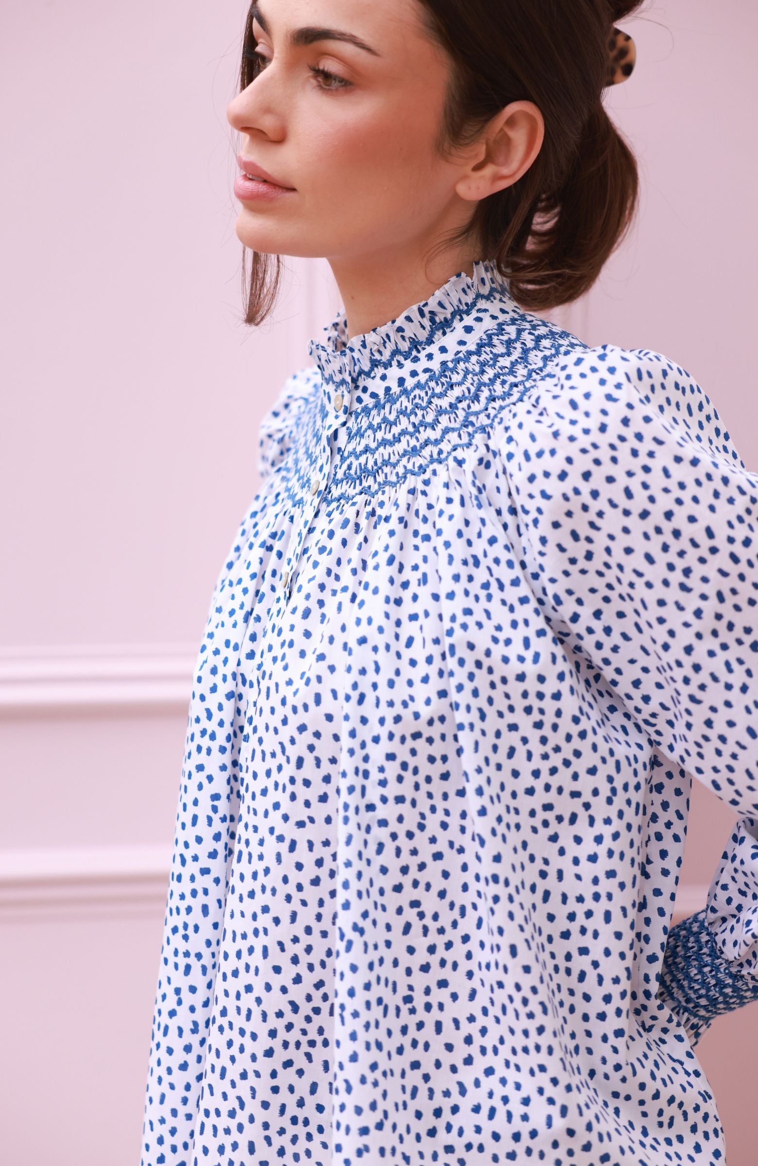 Scholl Blouse Blue Leopard with Sapphire Hand Smocking Edition 64