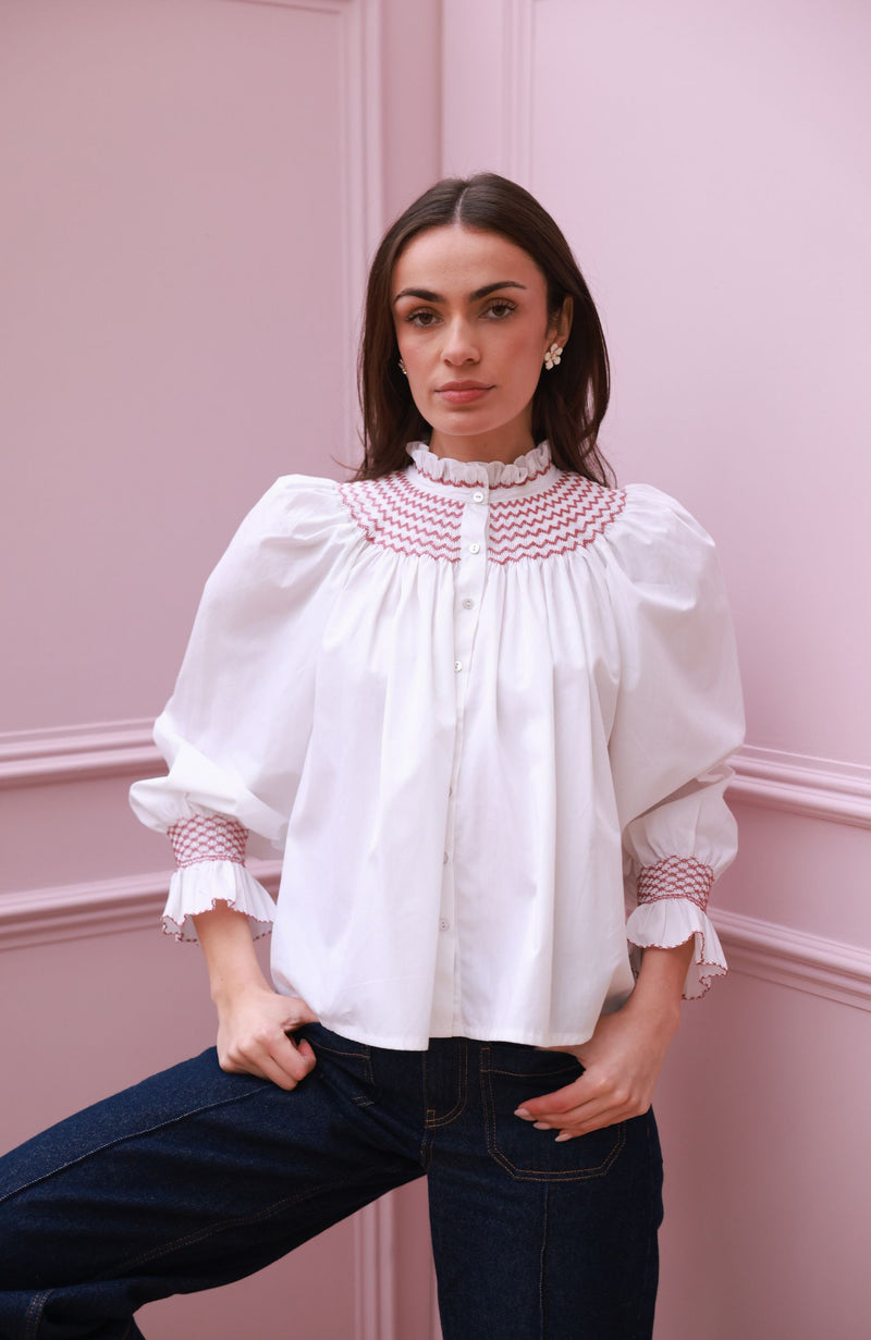 Scholl Women's Blouse White with Rosehip Hand Smocking Editon 56