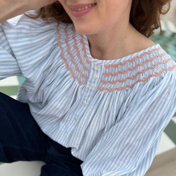 Cleopatra Blouse Oyster Bay Stripes with Bellini Hand Smocking Edition 18