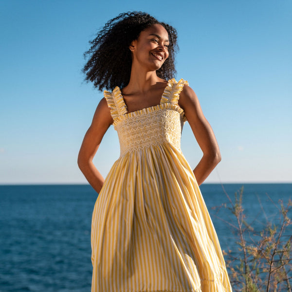 Rachel Carson Dress Banana Smoothie Stripe with Cream and Sprinkles Hand Smocking
