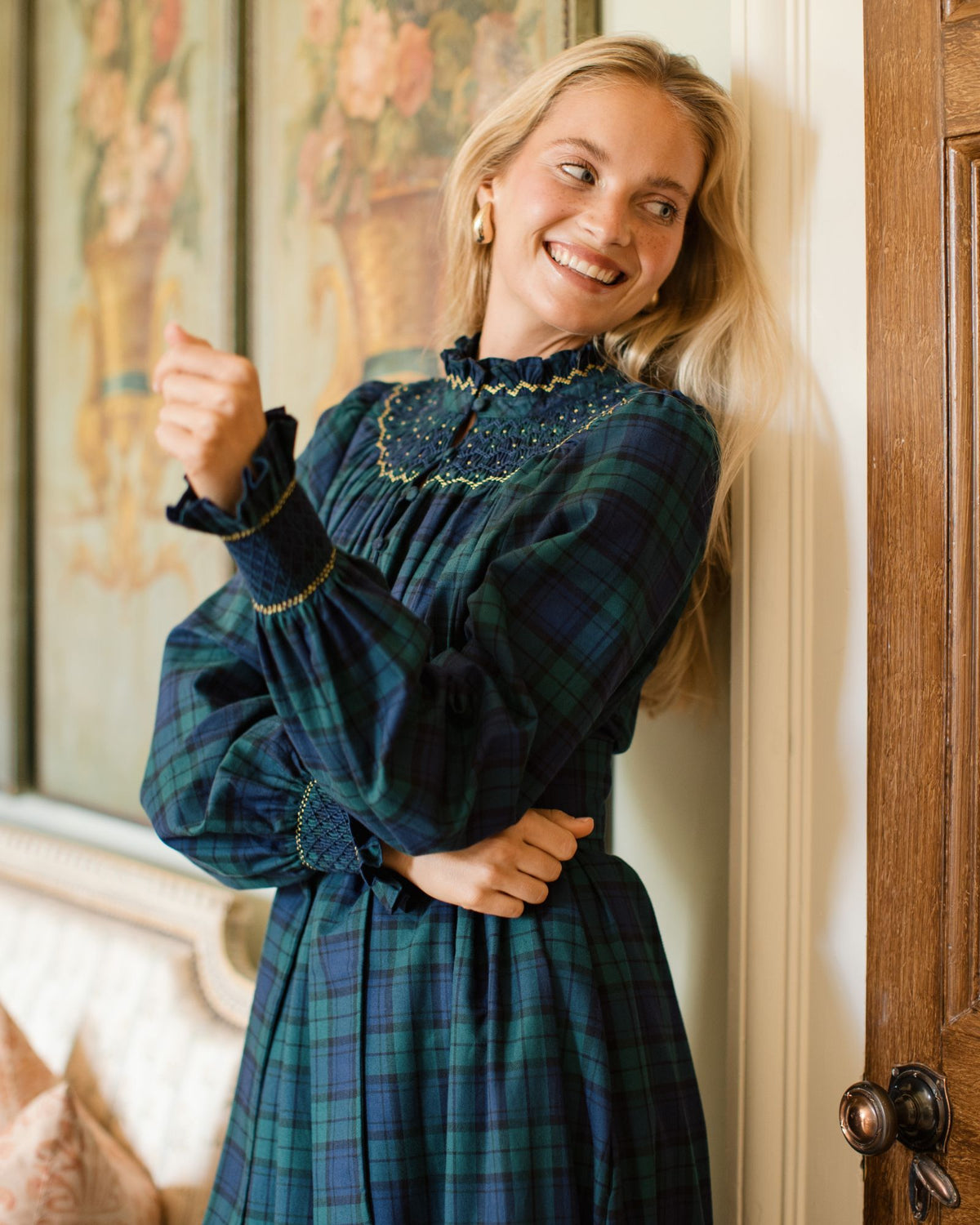 Colette Women's Dress Black Watch Tartan with Royal Blue Hand Smocking