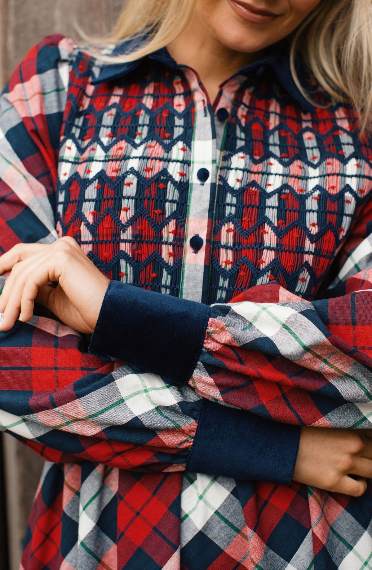 Woodhull Dress Macintyre Tartan with Navy and Red Hand Smocking