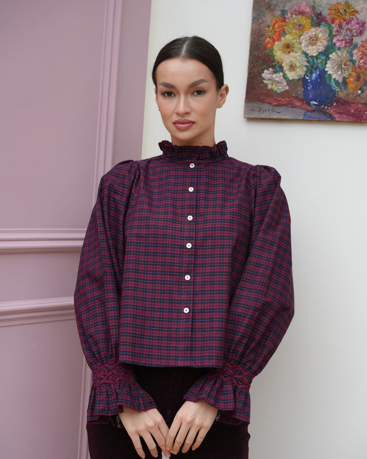 Shelley Blouse Mulberry Plaid with Merlot Hand Smocking Edition 29