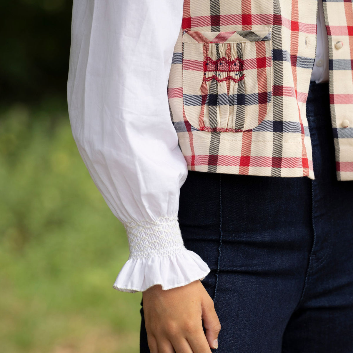 C J Walker Waistcoat Tartan with Crimson and Navy Hand Smocking Edition 7