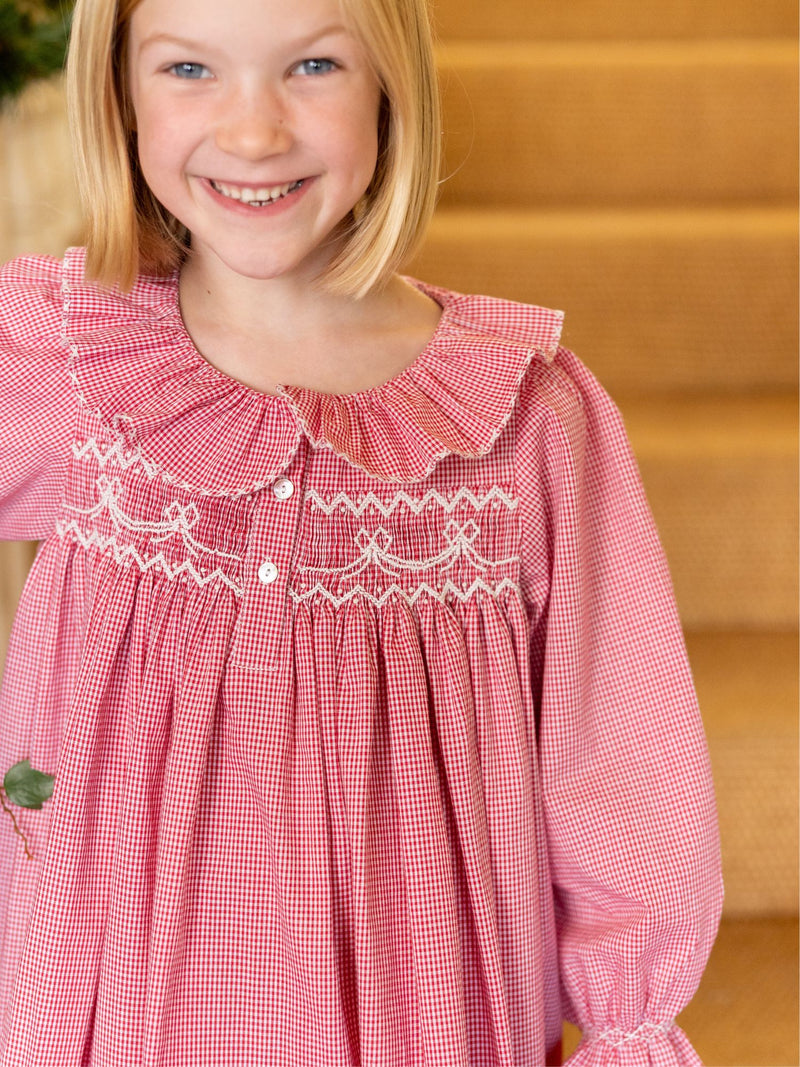 Nightingale Girl's Dress Red Vichy with Snow Bow Hand Smocking