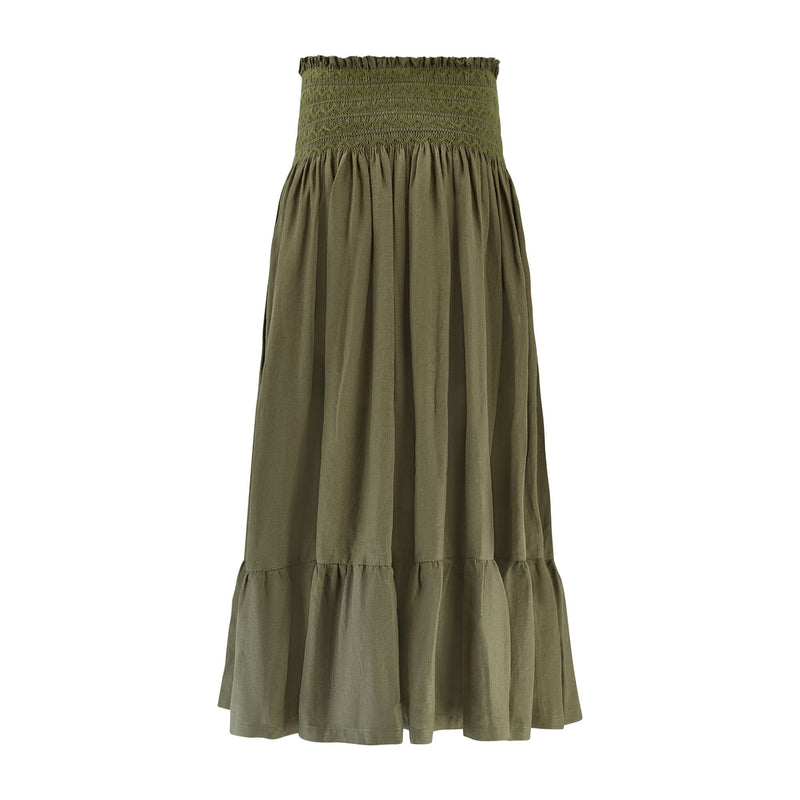 Mary Seacole Women's Skirt Oak Leaf Linen with Moss Hand Smocking