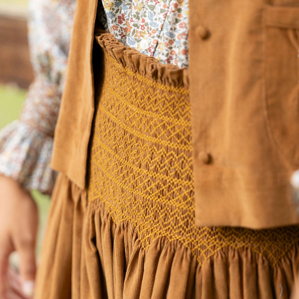 Sullivan Women's Skirt Butterscotch Needlecord with Spiced Vanilla Hand Smocking