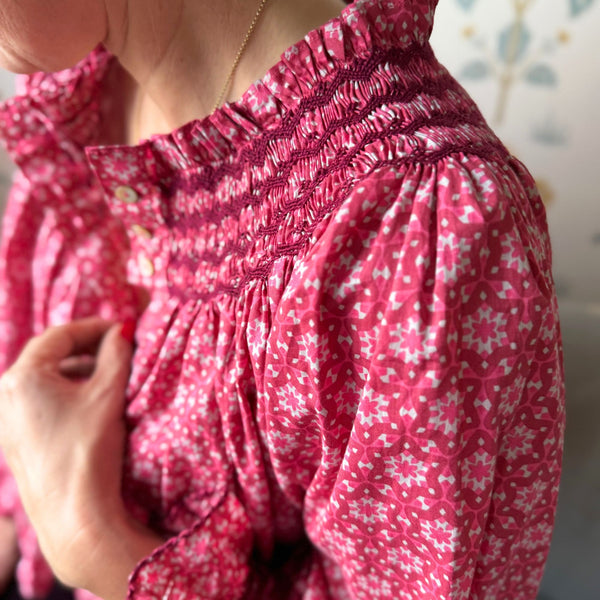 Cleopatra Blouse Mulberry Star Cotton with Merlot Hand Smocking Edition 32