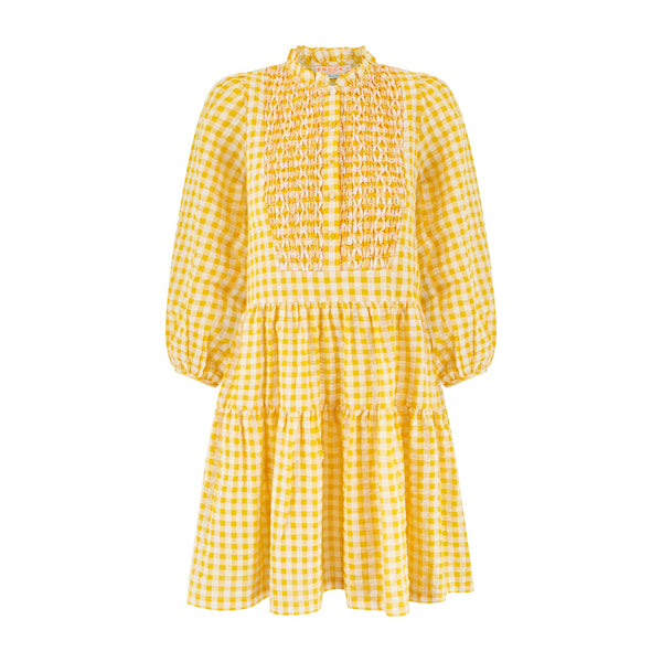 Billie Holiday Short Dress Yellow Submarine Seersucker with Lychee Lemonade Hand Smocking