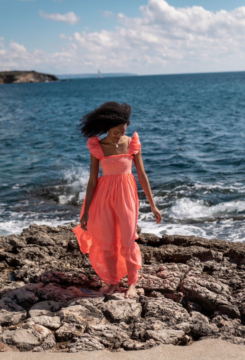 The Wallis Simpson Dress Coral Dreams Organdie with Chantilly Hand Smocking