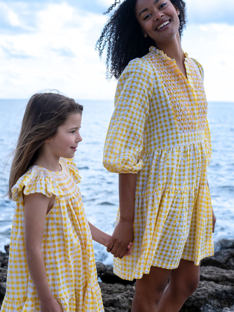 Billie Holiday Short Dress Yellow Submarine Seersucker with Lychee Lemonade Hand Smocking