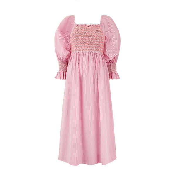 Josefine Butler Dress Raspberry Stripe Seersucker with Cool-Ade Hand Smocking