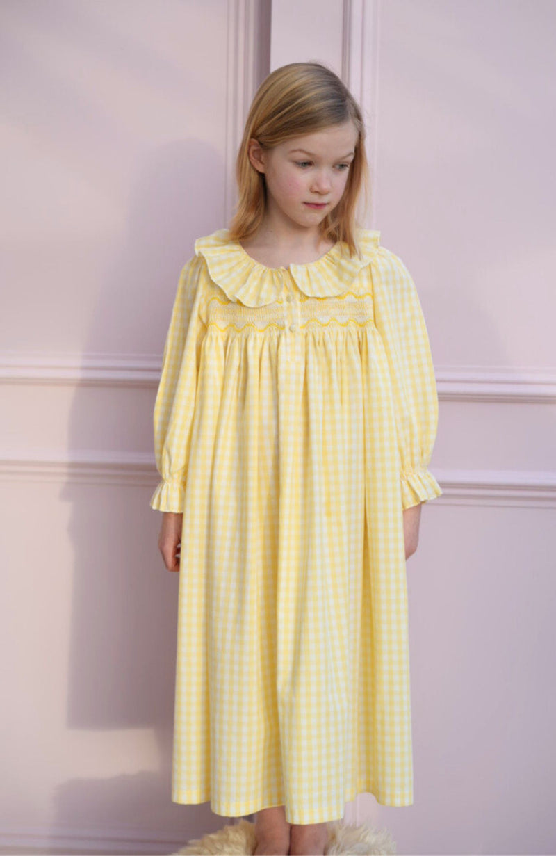 Nightingale Girl's Dress Primrose Gingham with Daffodil Hand Smocking