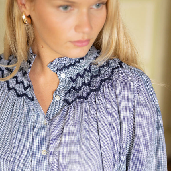 Scholl Blouse Navy Houndstooth with Blackberry Hand Smocking Edition 46