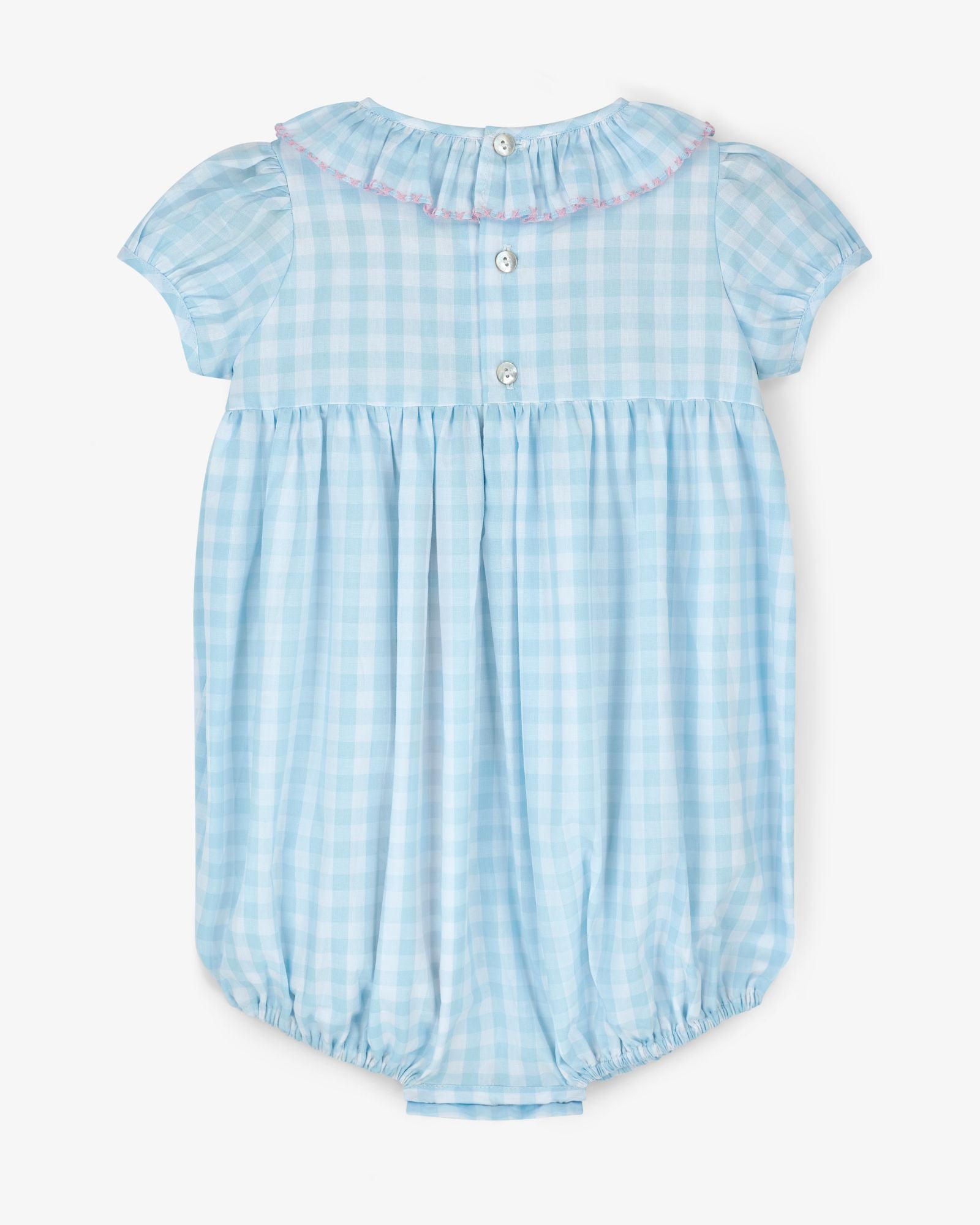 Jane Austen Romper Blue Sky Gingham with Rainbow Hand Smocking