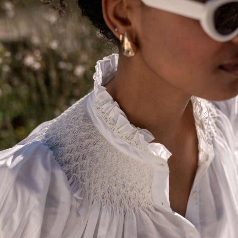 Scholl Women's Summer Blouse White with Ivory Hand Smocking Edition 9