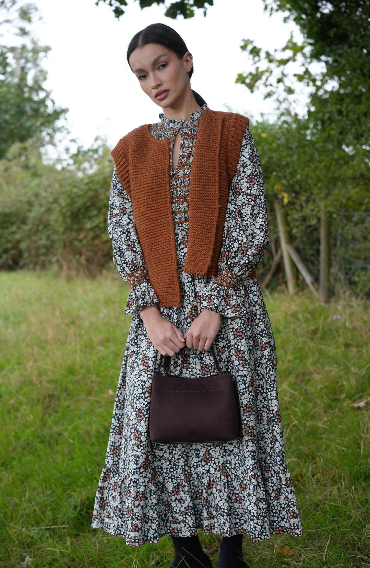 Emmeline Pankhurst Women's Dress Autumn Floral with Conker Hand Smocking