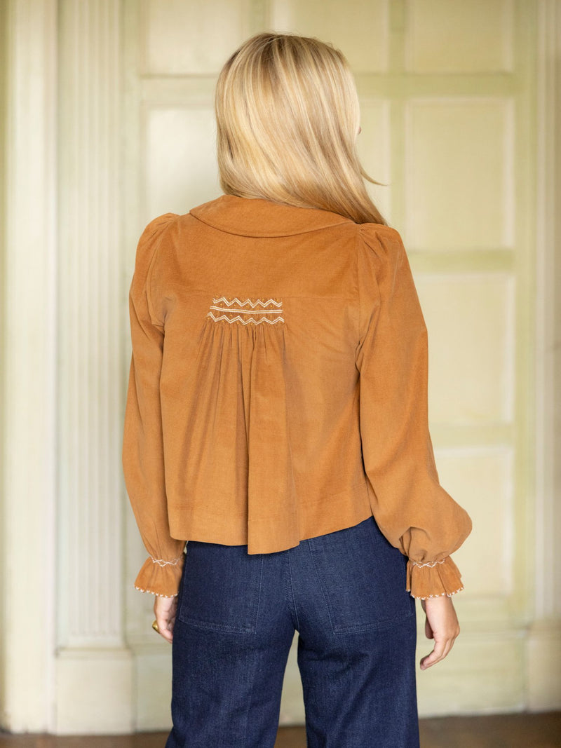 Marie Curie Blouse Butterscotch Needlecord with Spiced Vanilla Hand Smocking