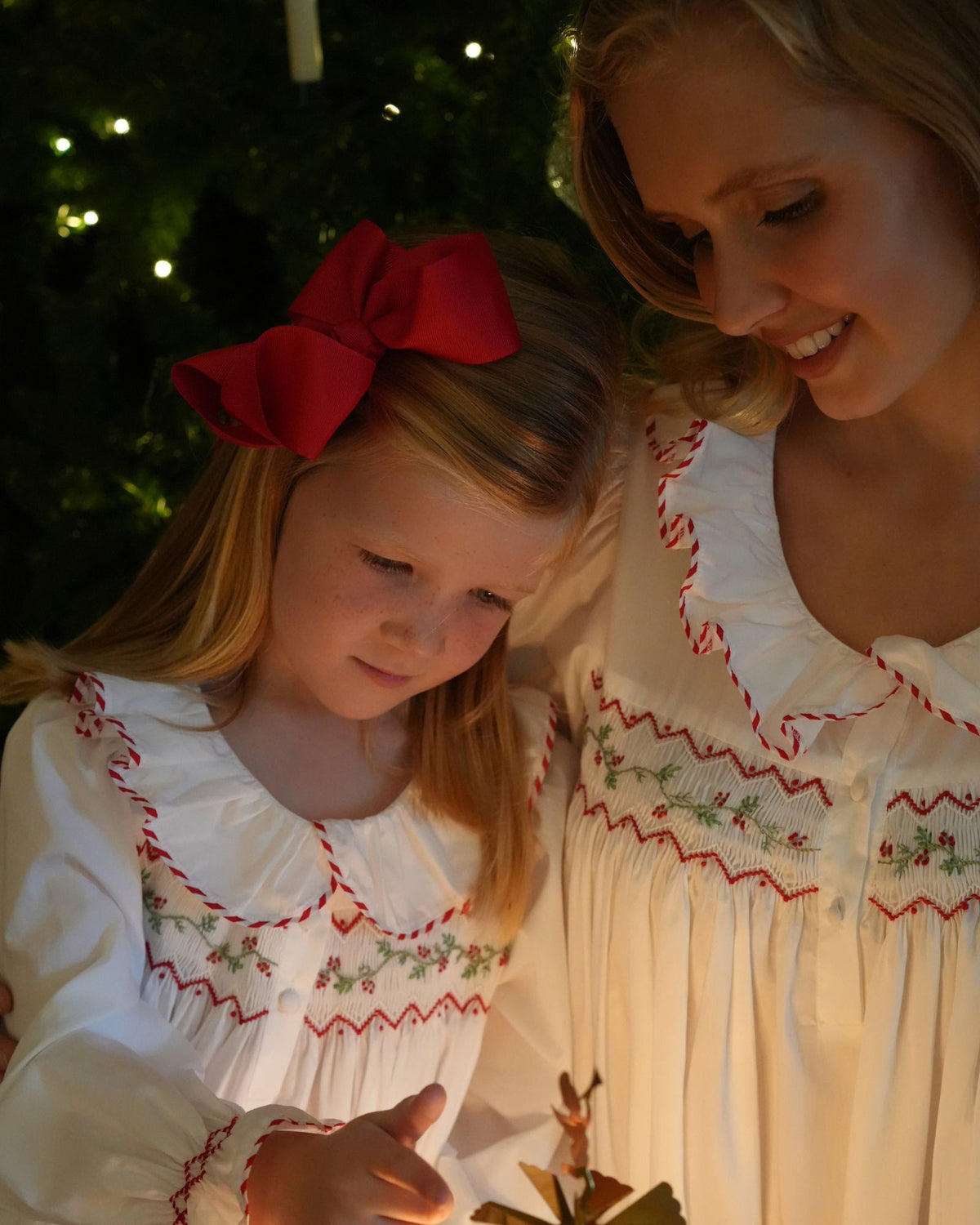Nightingale Girl's Dress with Candy Cane Piping and Christmas Garland Hand Smocking