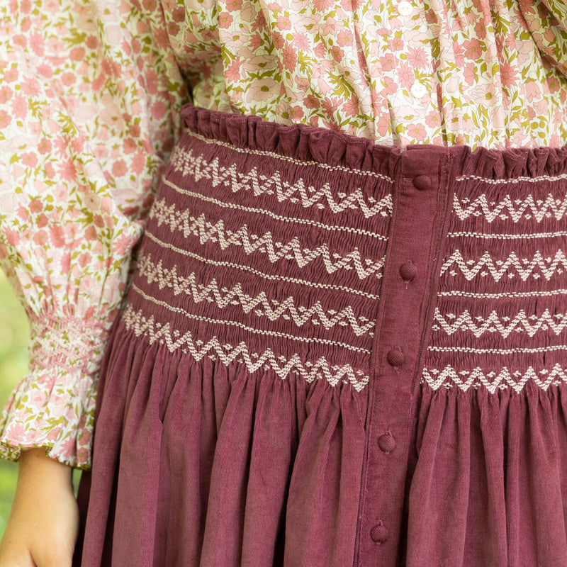 Sullivan Women's Skirt Mulberry Needlecord with Rosehip Hand Smocking