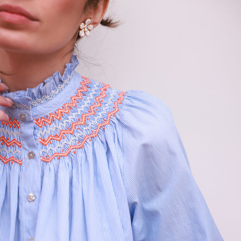 Scholl Blouse Oxford Stripe with Orange Blossom Hand Smocking Edition 62