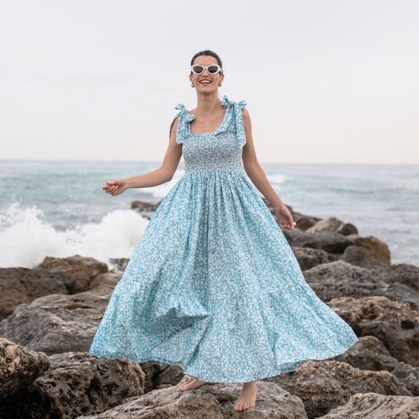 Grace Hopper Dress Azure Floral with Ice Hand Smocking
