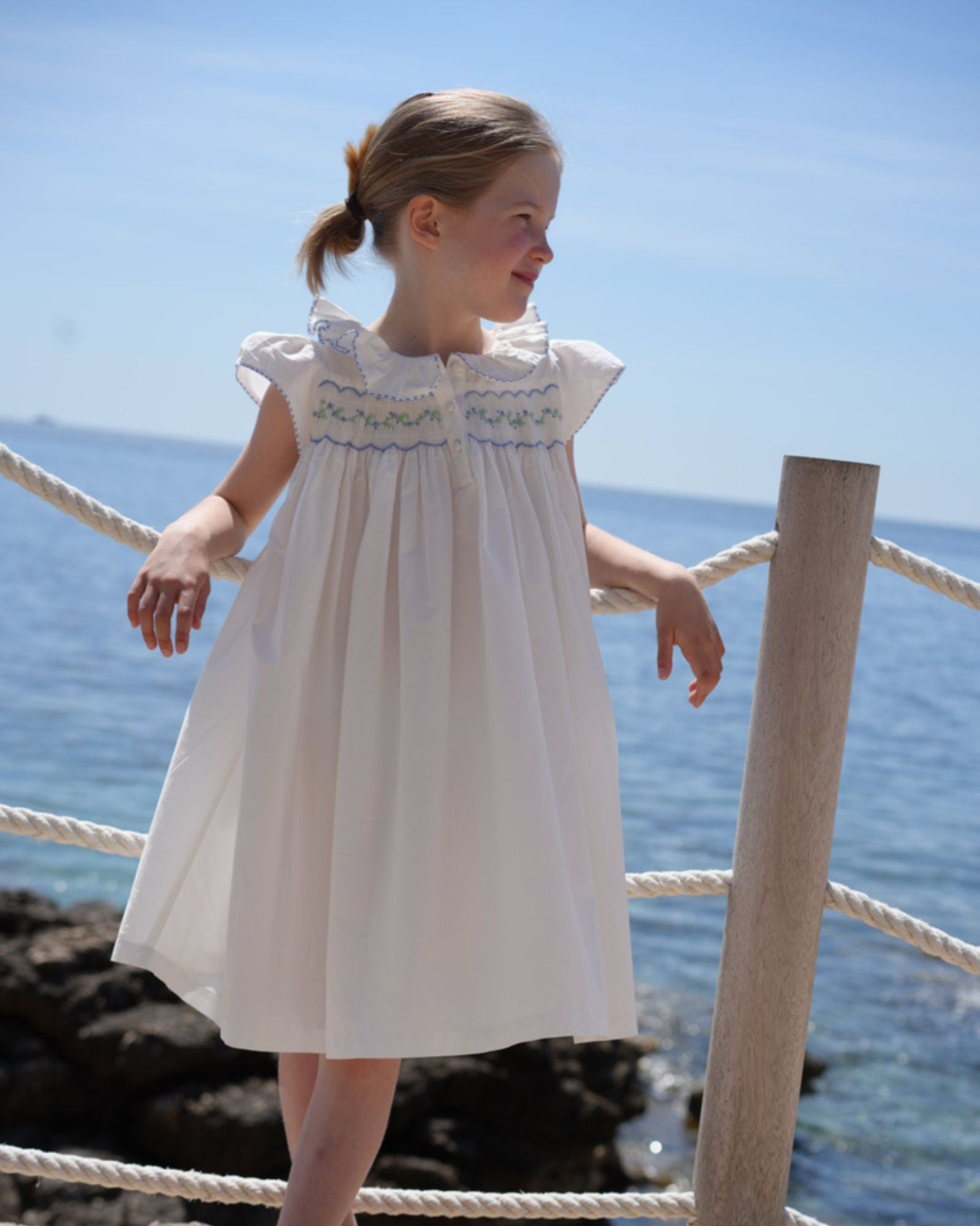 Nightingale Girl's Dress Moonstone Cotton with Blue Blooms Hand Smocking