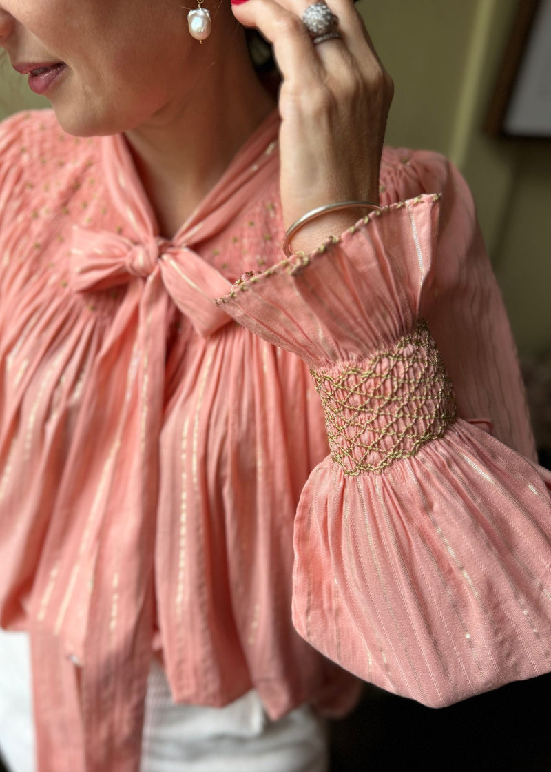 Small & Large Burdett Coutts Pussy Bow Blouse Golden Girl Stripe with End of the Rainbow Hand Smocking Edition 1