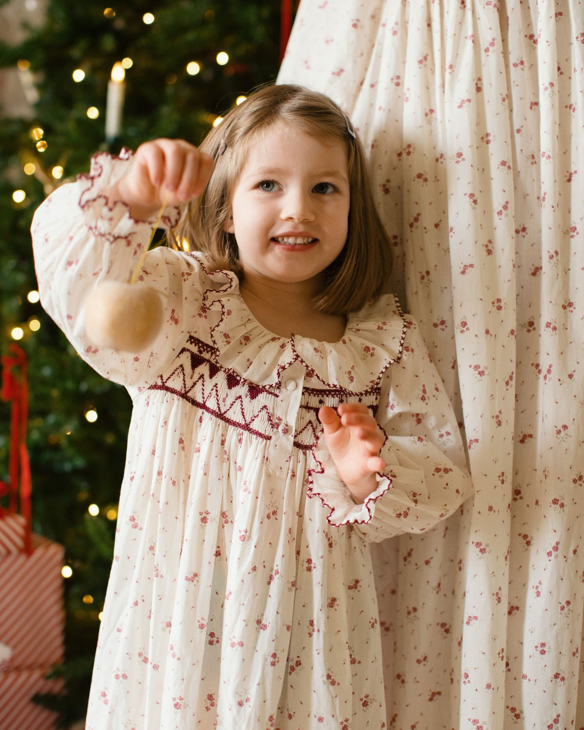 Nightingale Girl's Dress Yuletide Floral with Cranberry Hand Smocking