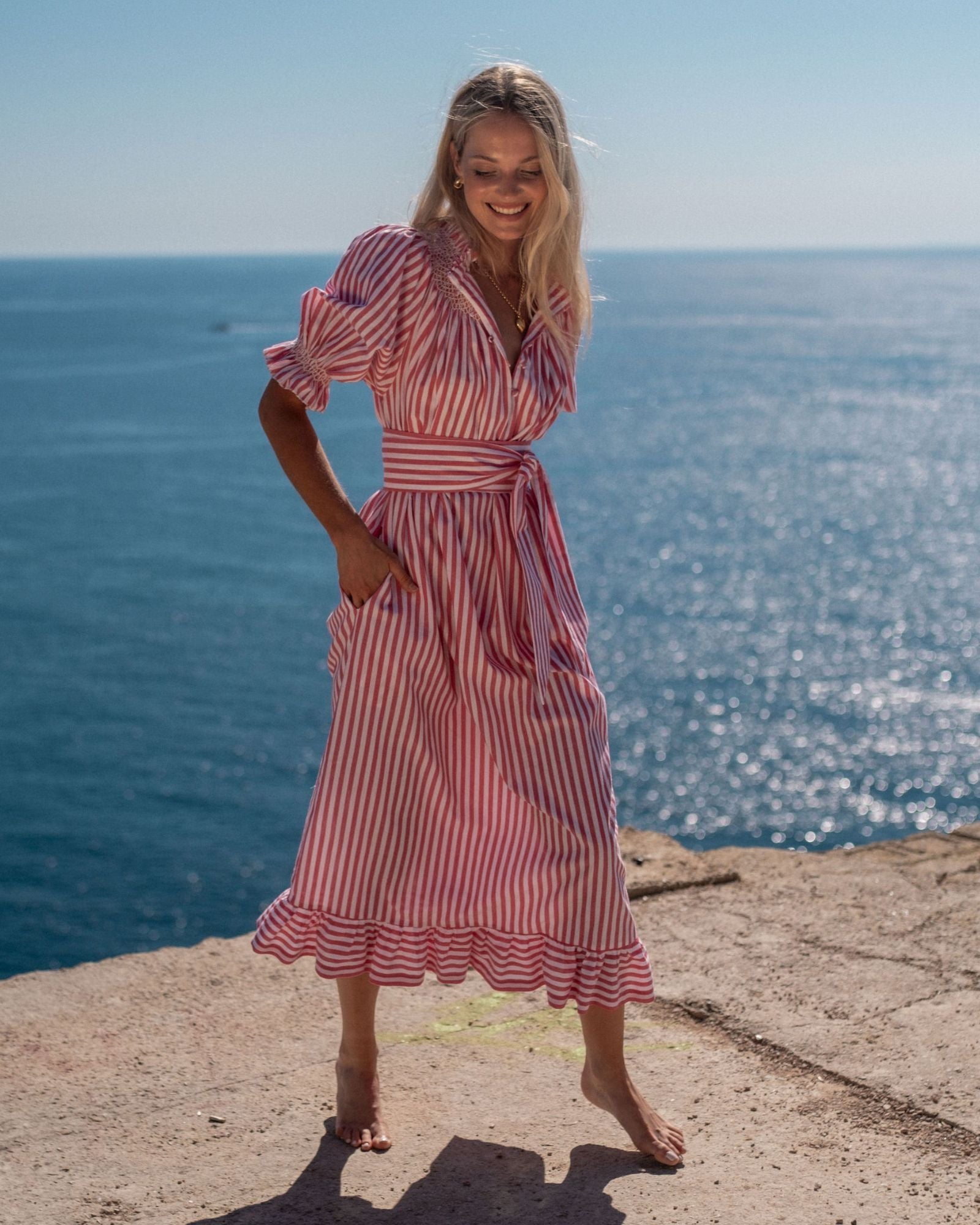 Grace Darling Dress Venetian Stripe with Latte Hand Smocking