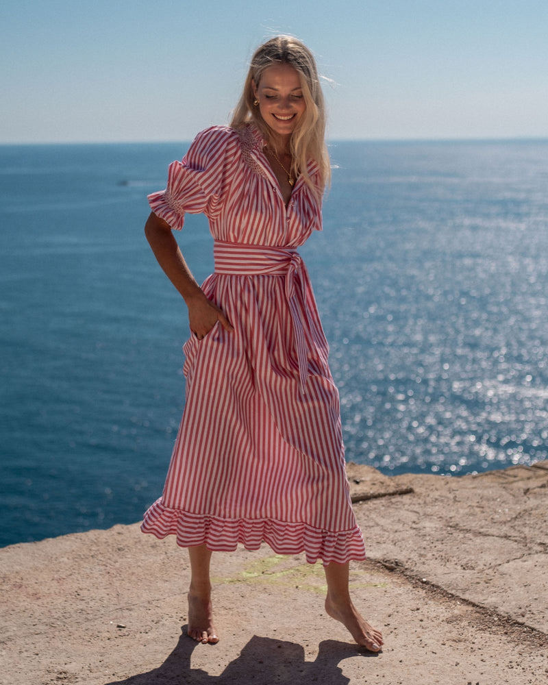 Grace Darling Dress Venetian Stripe with Latte Hand Smocking