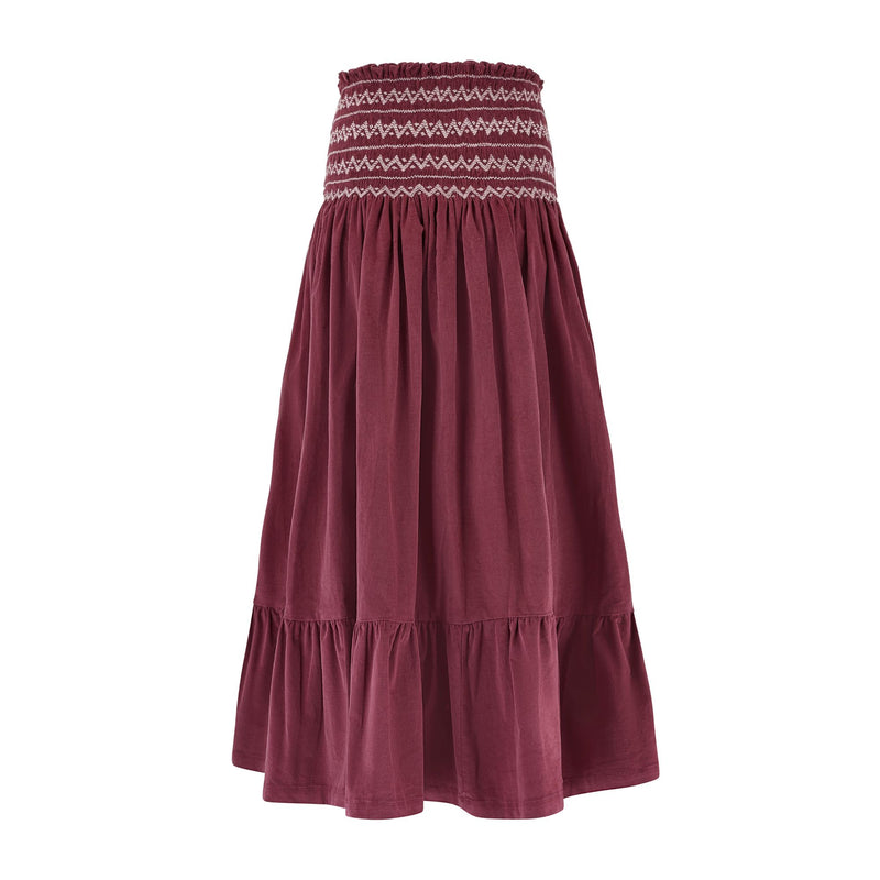 Sullivan Women's Skirt Mulberry Needlecord with Rosehip Hand Smocking