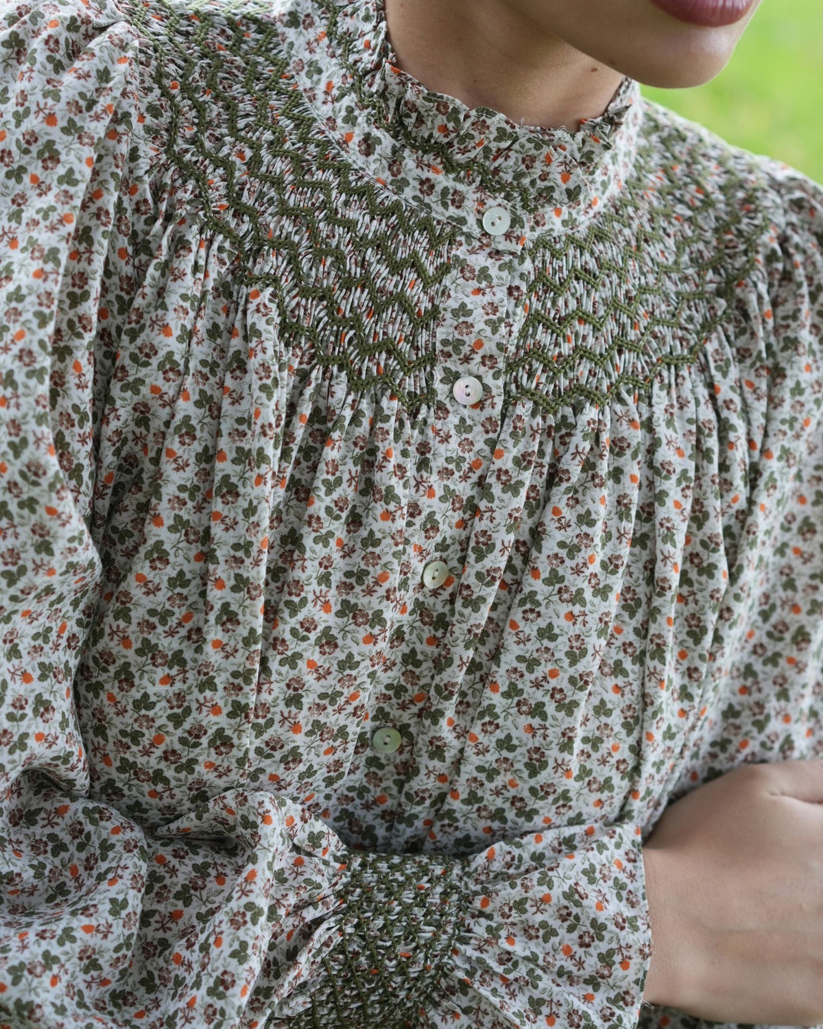 Scholl Blouse Clover Meadow Cotton Lawn with Olive Hand Smocking Edition 79