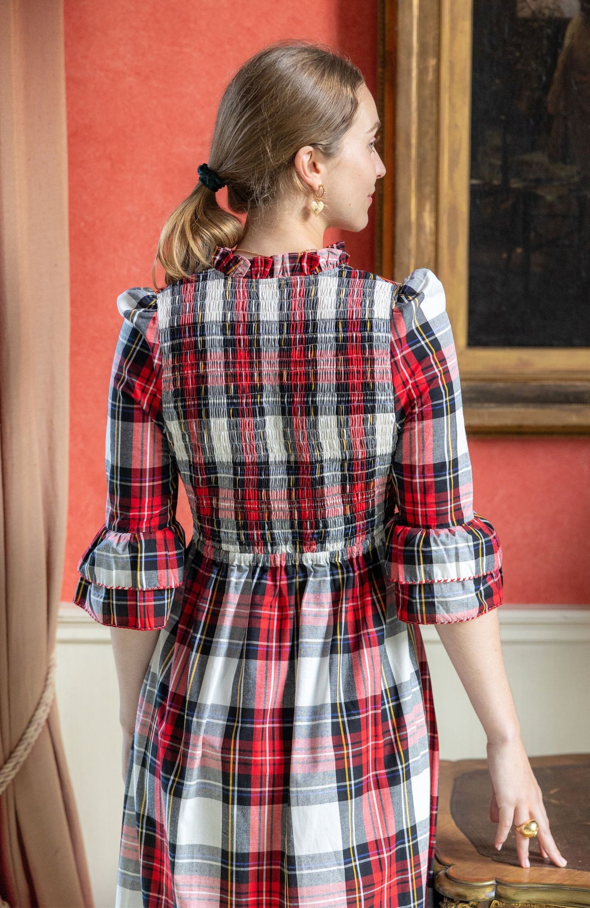S/M Emmeline Pankhurst Women's Dress Royal Tartan with Sleigh Bell Hand Smocking