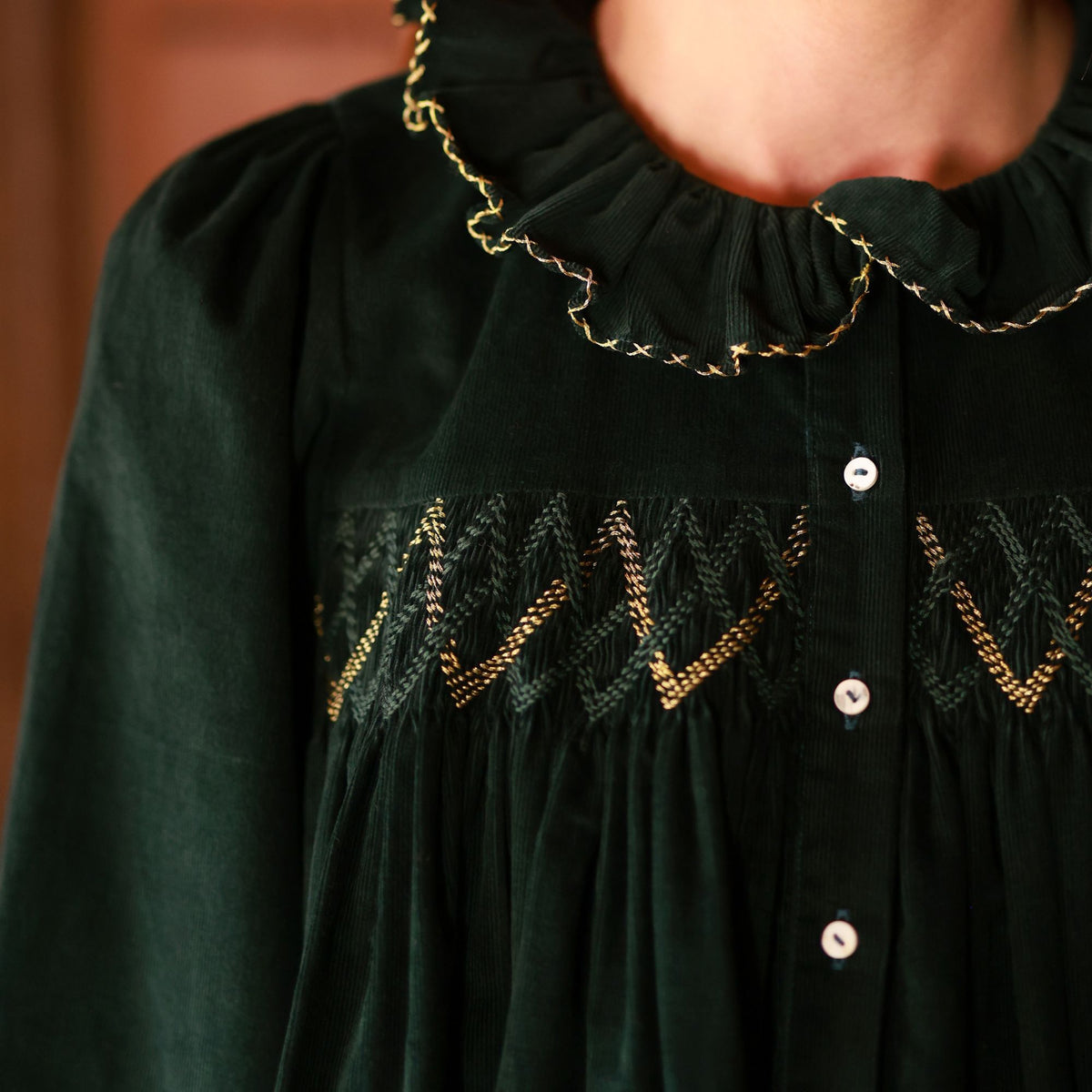 Betsy Fry Blouse Pine Tree Needlecord with Nordic Sparkle Hand Smocking