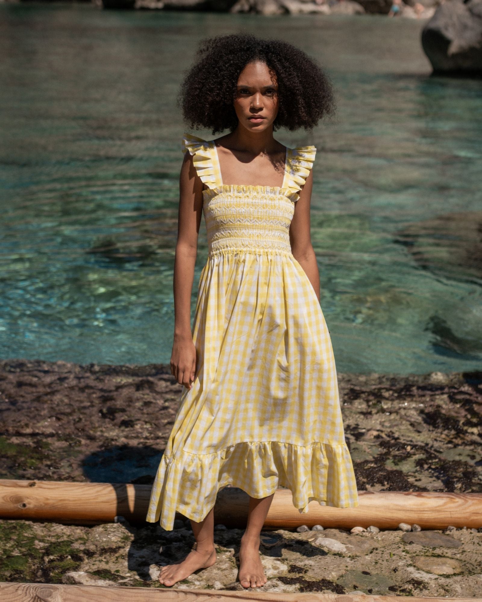 Rachel Carson Dress Positano Check with Ice White Hand Smocking