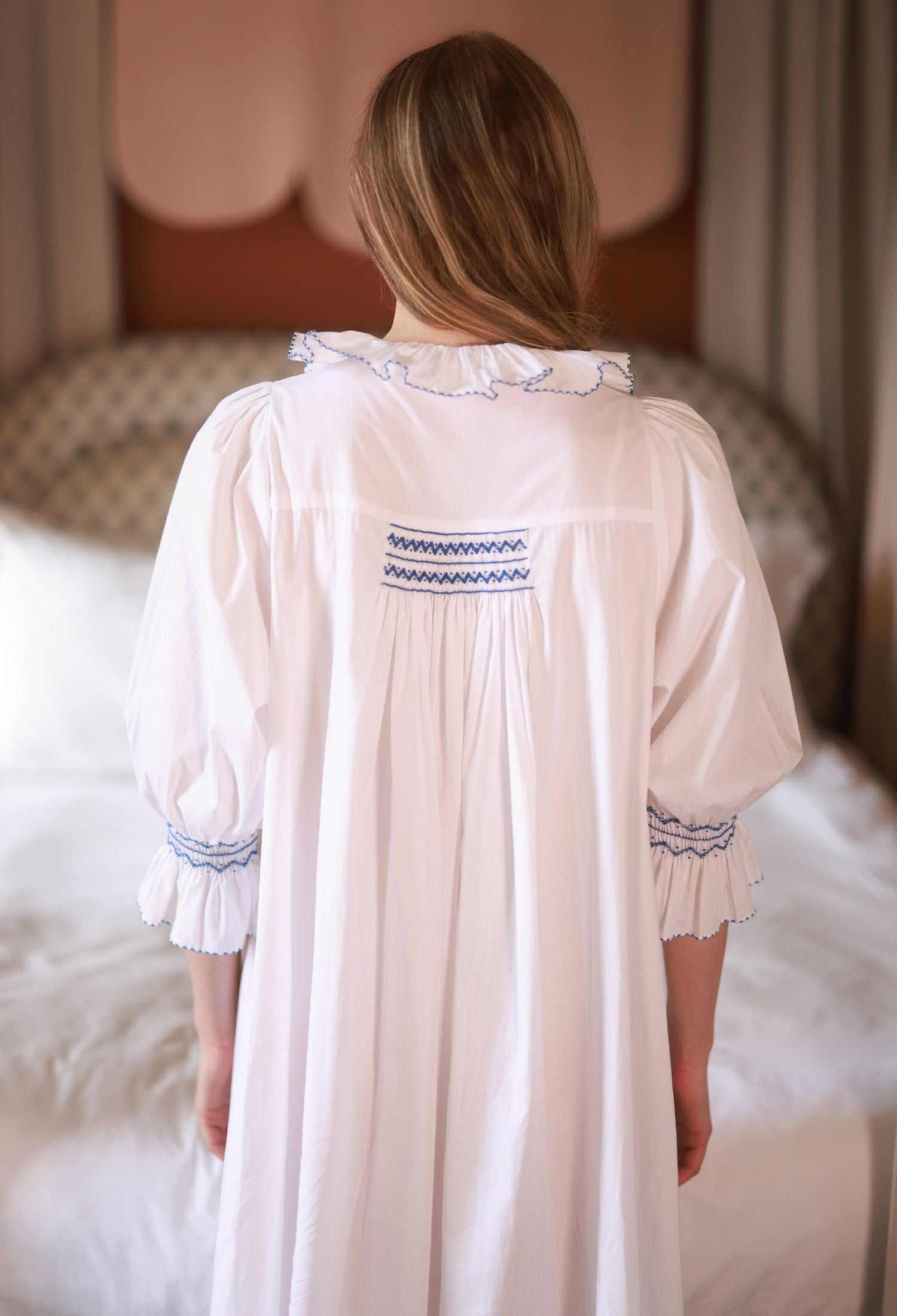S/M Bessie Coleman Women's Dress Moonstone Cotton with Sapphire Hand Smocking