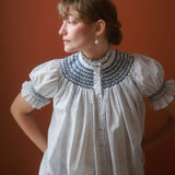 Scholl Blouse Paint Prick Linen with Navy Hand Smocking Edition 57