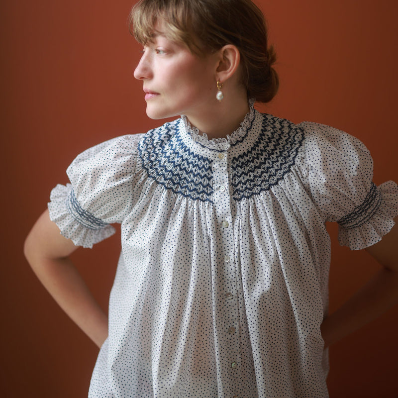 Scholl Blouse Paint Prick Linen with Navy Hand Smocking Edition 57