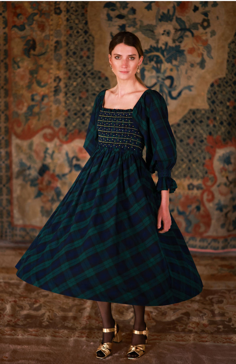 Ella Fitzgerald Women's Dress Black Watch Tartan with Royal Navy Hand Smocking